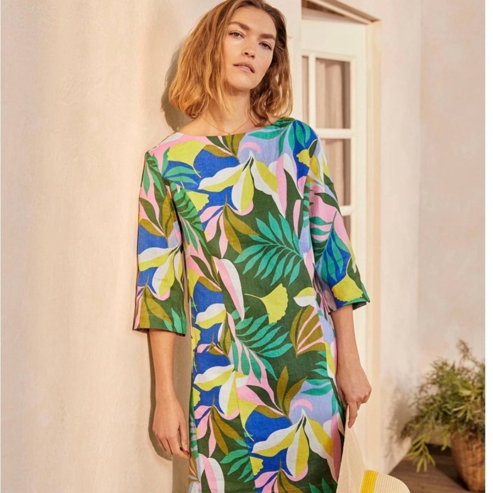 Boden Laurie Linen Dress in Plum Blossom Tropical Pattern sz 6p